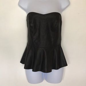 AQUA black leather strapless peplum top